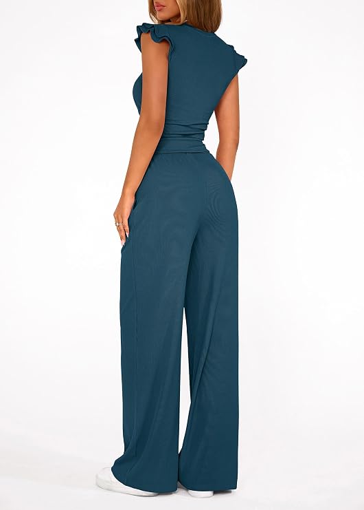 Summer Outfits For Women 2026 Two Piece Set Ribbed Cap Sleeve Crop Top Wide Leg Pants Spring Matching Lounge Sets