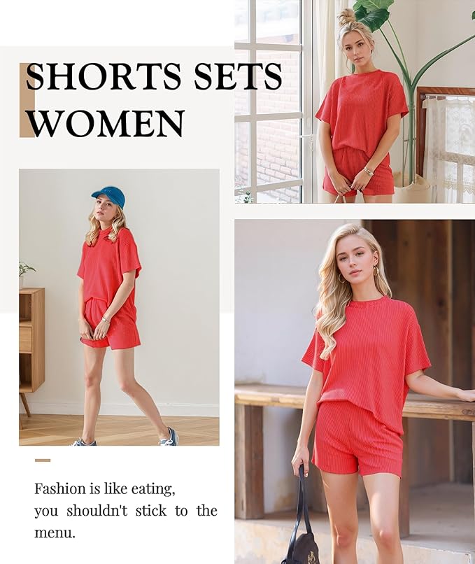 Women's 2 Piece Ribbed Shorts Set – Casual Short Sleeve Pocket Lounge Outfit for Summer, Vacation & Everyday Wear