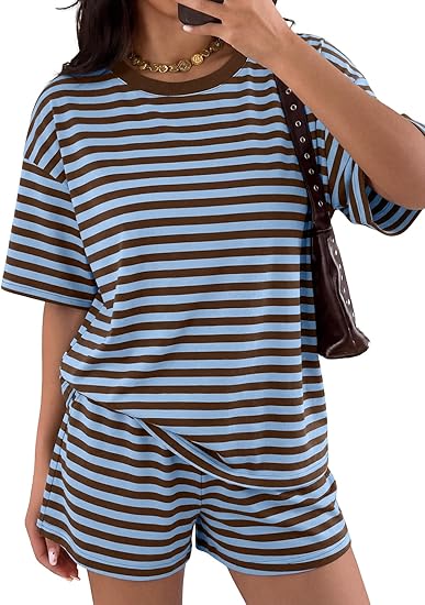 2 Piece Striped Lounge Set for Women – Oversized T-Shirt & Shorts Summer Outfit 2026 Casual Matching Set
