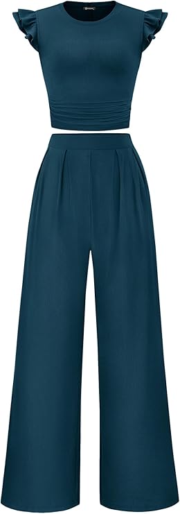 Summer Outfits For Women 2026 Two Piece Set Ribbed Cap Sleeve Crop Top Wide Leg Pants Spring Matching Lounge Sets