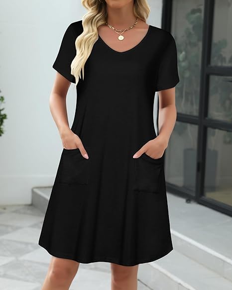 Summer Dresses for Women V-Neck Short Sleeve Casual Loose T-Shirt Sundress with Pockets – Beach Cover-Up Vacation Dress 2026