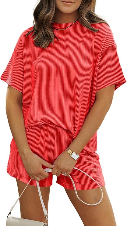 Women's 2 Piece Ribbed Shorts Set – Casual Short Sleeve Pocket Lounge Outfit for Summer, Vacation & Everyday Wear