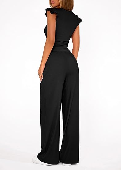 Women's Summer Ribbed Two Piece Lounge Set 2026 – Cap Sleeve Crop Top & Wide Leg Pants Matching Outfit