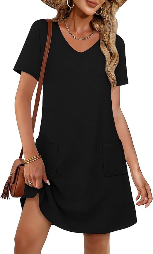 Summer Dresses for Women V-Neck Short Sleeve Casual Loose T-Shirt Sundress with Pockets – Beach Cover-Up Vacation Dress 2026