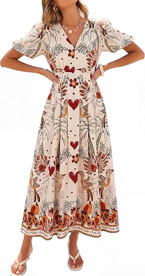 Women's Floral Maxi Dress – V-Neck Puff Sleeve Full-Lined Summer Dress for Spring Weddings, Formal Parties & Casual Wear